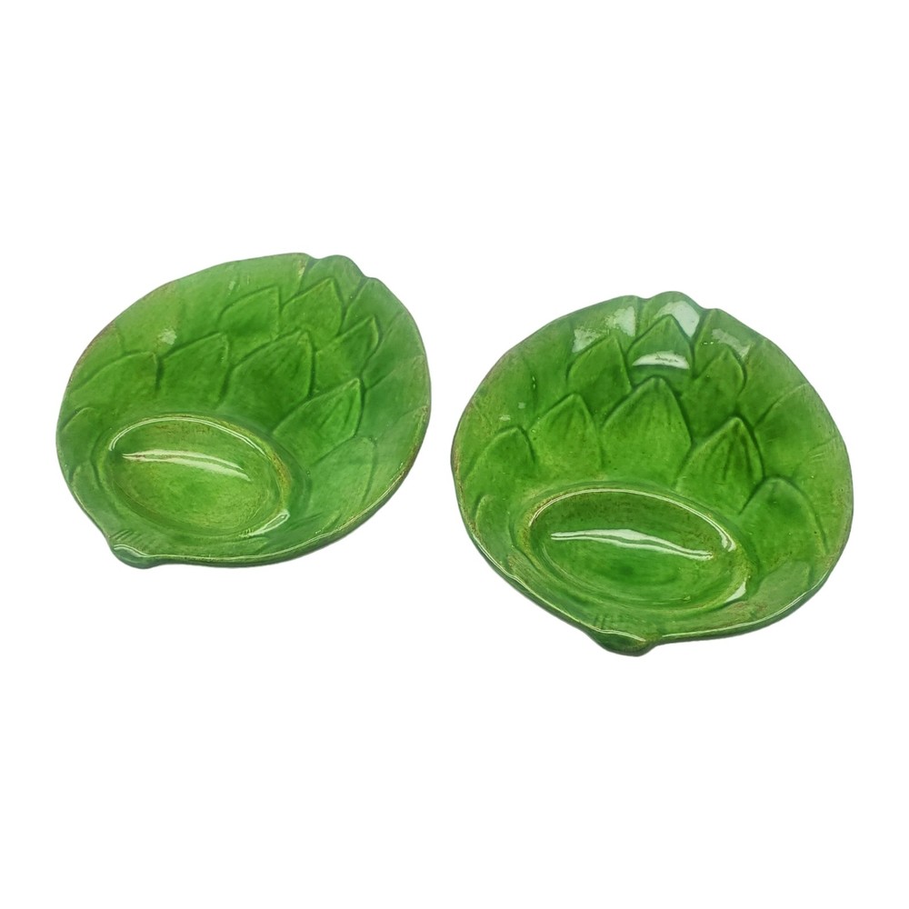Vintage Ceramic Artichoke Plates Set of 2 Green Glazed Canape Snack Salad Plates